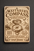 Wayfarer’s Compass Engraved Birch Sign, Fantasy Adventure Wall Decor, shown in the main close-up listing view with its overall design visible.