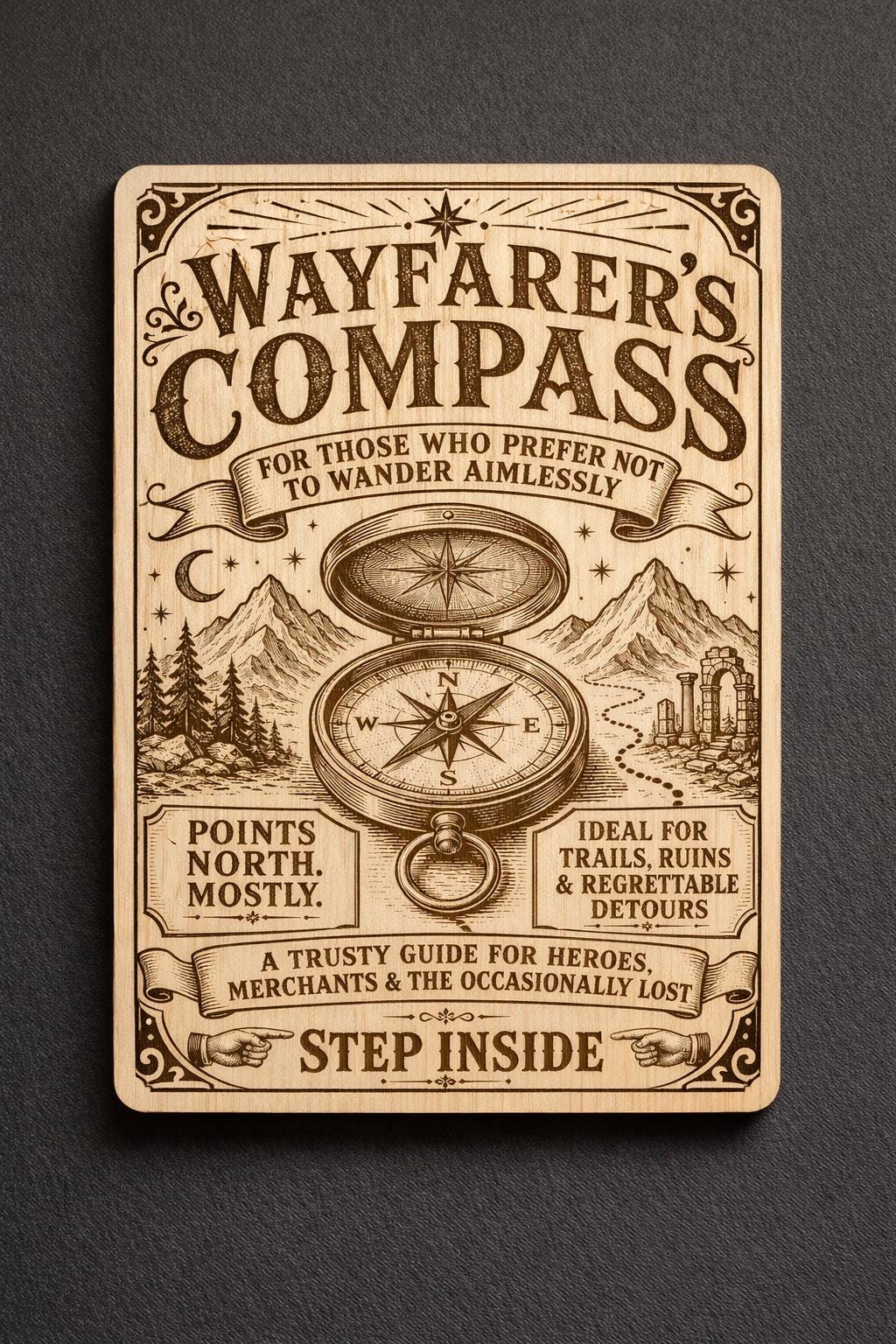 Wayfarer’s Compass Engraved Birch Sign, Fantasy Adventure Wall Decor, shown in the main close-up listing view with its overall design visible.