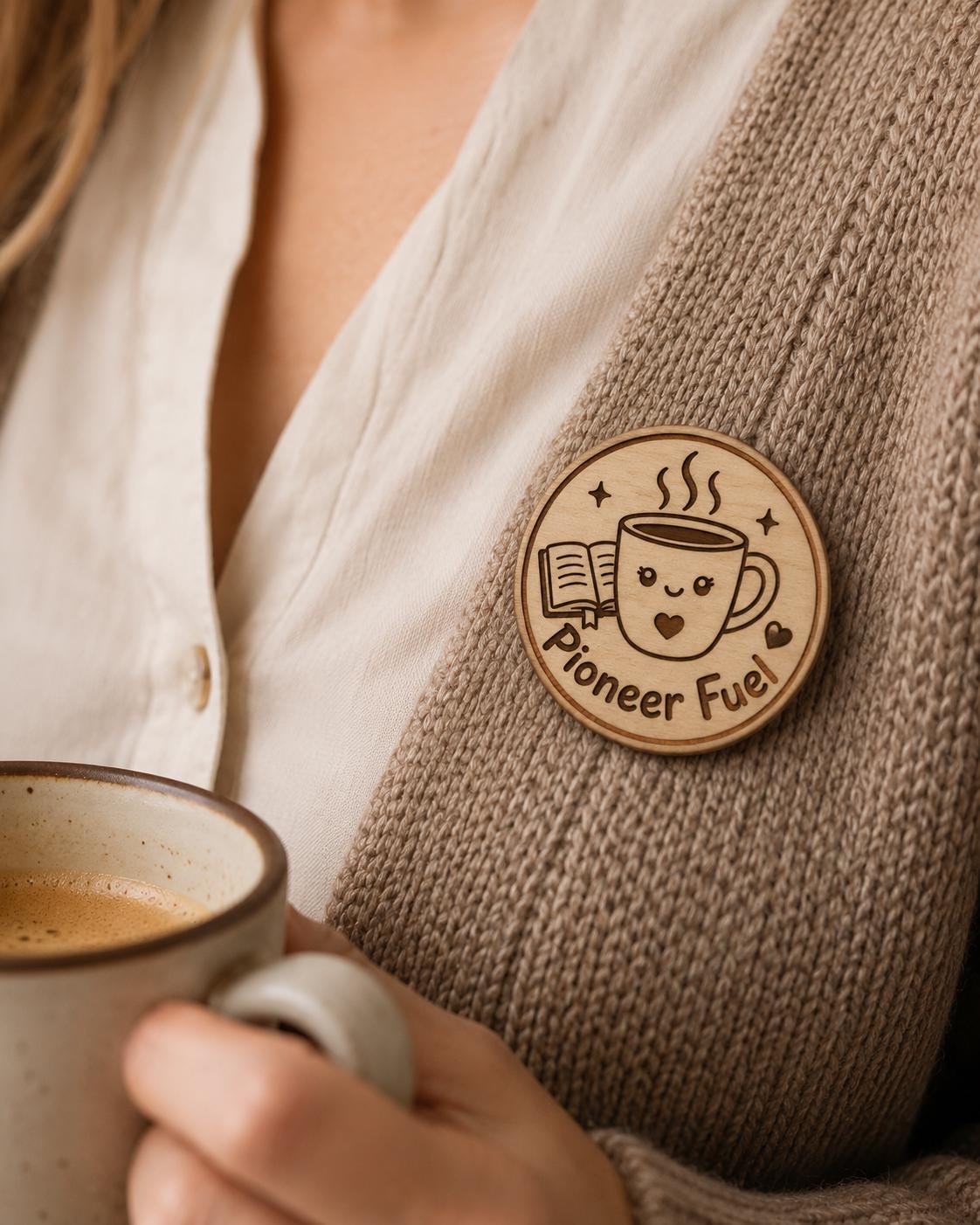 Pioneer Fuel Coffee Cup Pin, 2 Inch Birch Wood Accessory, Lapel Pin Magnet Keychain, shown in the main close-up listing view with its overall design visible.