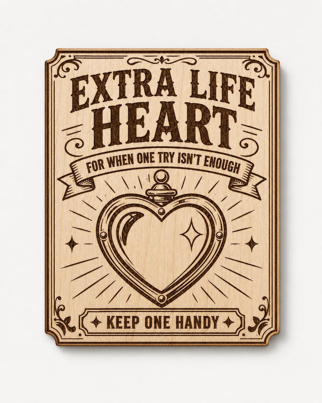 Extra Life Heart Wood Sign, Gamer Inspired Birch Wall Art, shown in the main close-up listing view with its overall design visible.