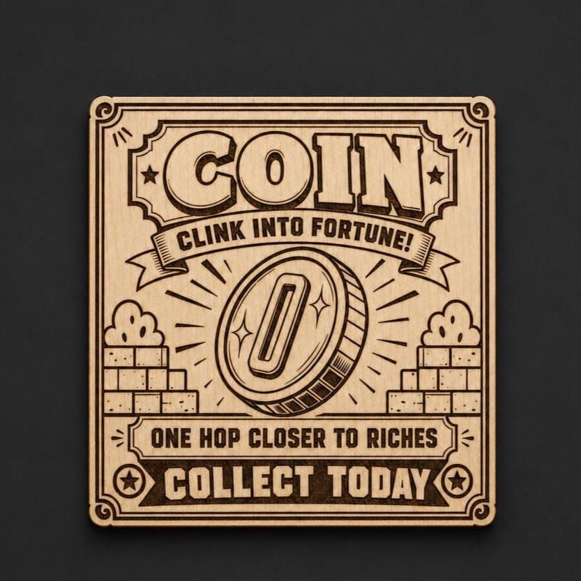 Vintage Coin Fortune Wood Sign, Retro Arcade Style Engraved Birch Wall Decor, shown in the main close-up listing view with its overall design visible.
