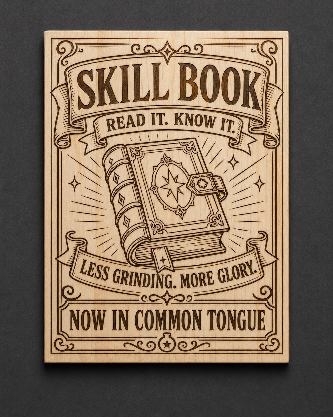 Skill Book Wood Sign, Fantasy RPG Wall Decor, Gamer Desk Plaque, shown in the main close-up listing view with its overall design visible.