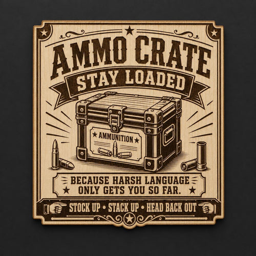 Ammo Crate Wooden Wall Sign, Vintage Game Room Decor, Rustic Birch Desk or Wall Plaque, shown in the main close-up listing view with its overall design visible.
