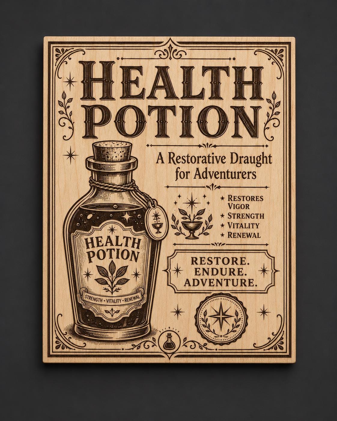 Health Potion Birch Wood Wall Art, Fantasy Apothecary Game Room Decor, shown in the main close-up listing view with its overall design visible.