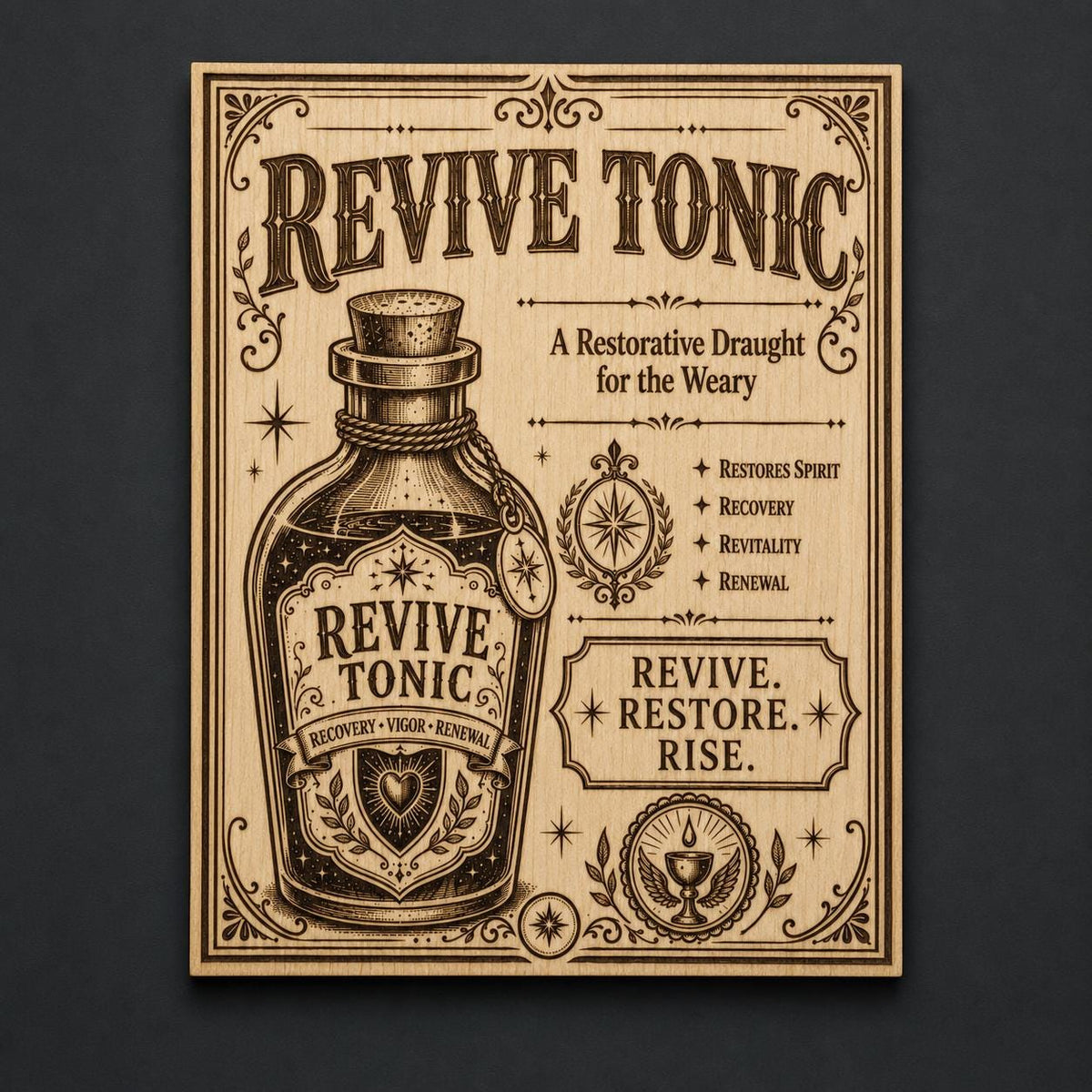 Revive Tonic Birch Wood Engraving, Vintage Apothecary Wall Art, shown in the main close-up listing view with its overall design visible.