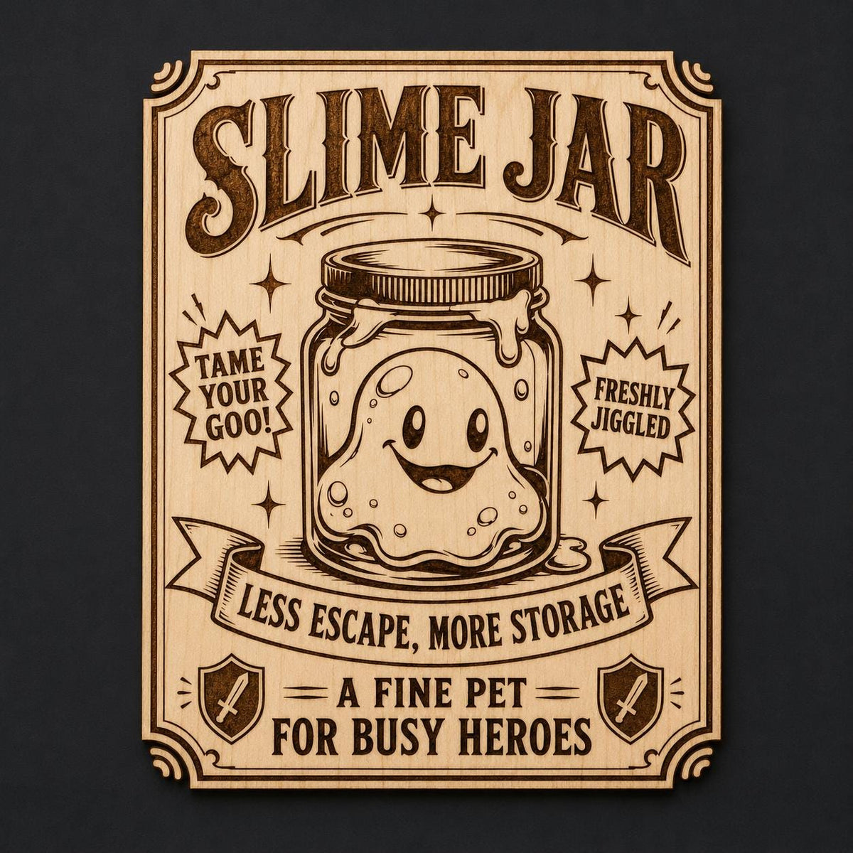 Slime Jar Wood Sign, Cute Fantasy Pet Storage Plaque, Funny Goo Jar Wall Decor, Gamer Room Shelf Art, shown in the main close-up listing view with its overall design visible.