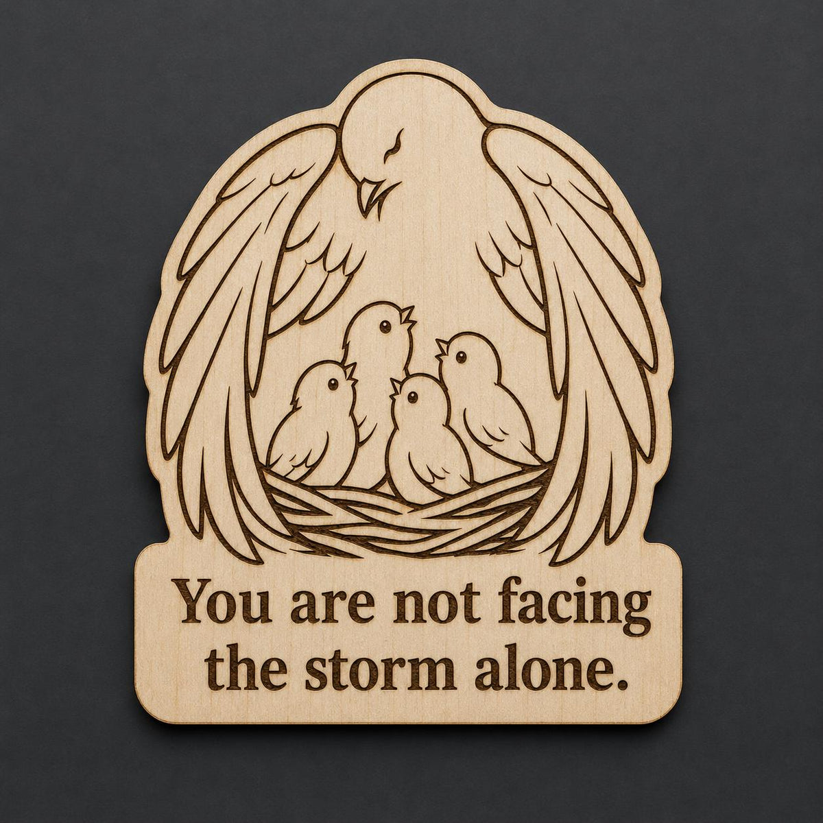 Front close-up of Protective Bird Wood Plaque Encouragement Quote Sign Comforting Birch Wall Art With Nest, showing dark engraving on natural birch wood.