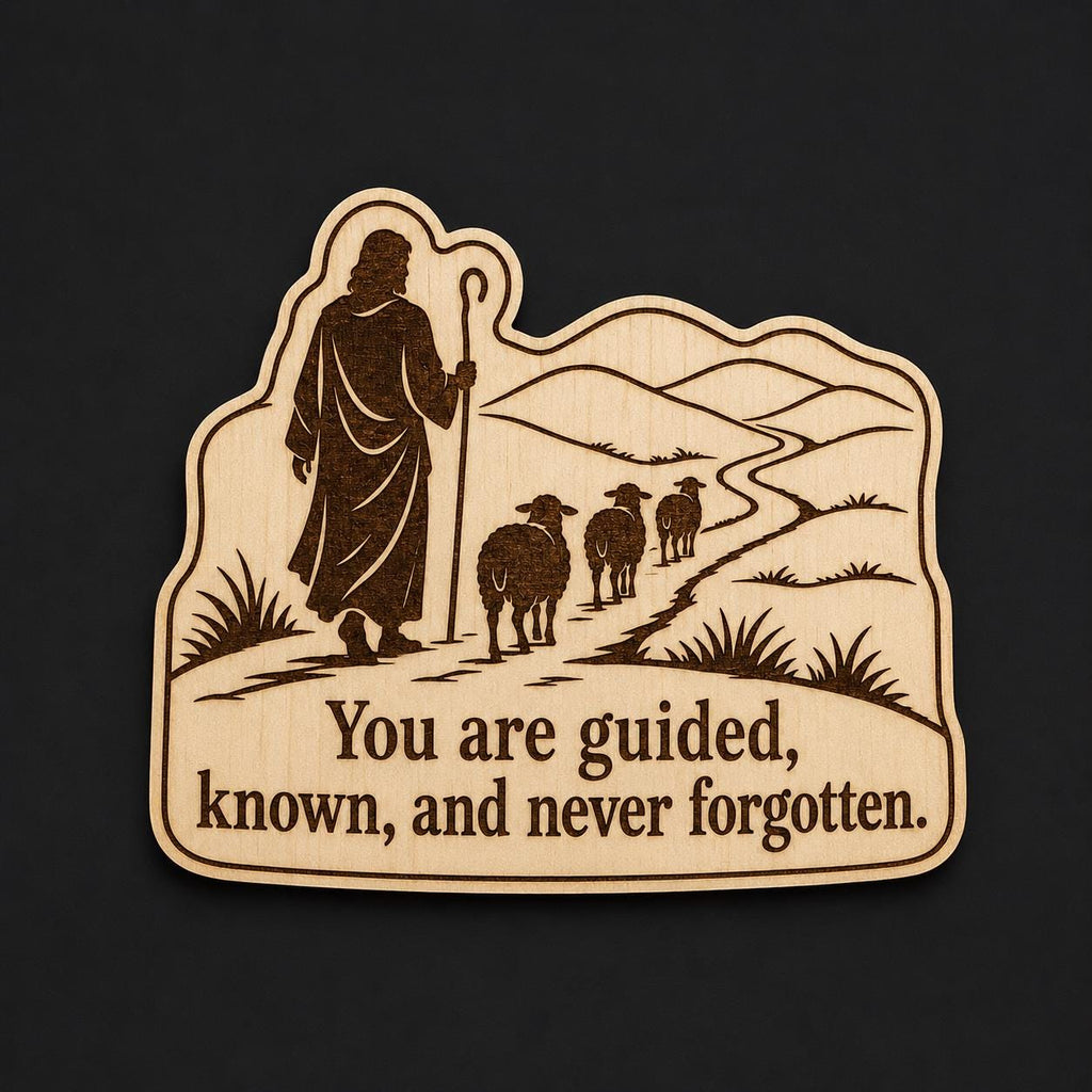 Front close-up of Shepherd Wood Plaque Guided and Known Quote Sign Inspirational Birch Wall Art With Sheep, showing dark engraving on natural birch wood.