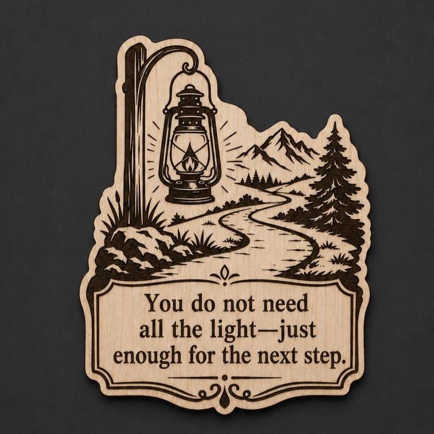 Front close-up of Lantern Path Wood Sign Inspirational Birch Plaque Next Step Quote Wall Decor, showing dark engraving on natural birch wood.