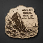 Front close-up of Rock and Waves Wood Plaque Stand Firm Quote Sign Inspirational Birch Wall Art, showing dark engraving on natural birch wood.