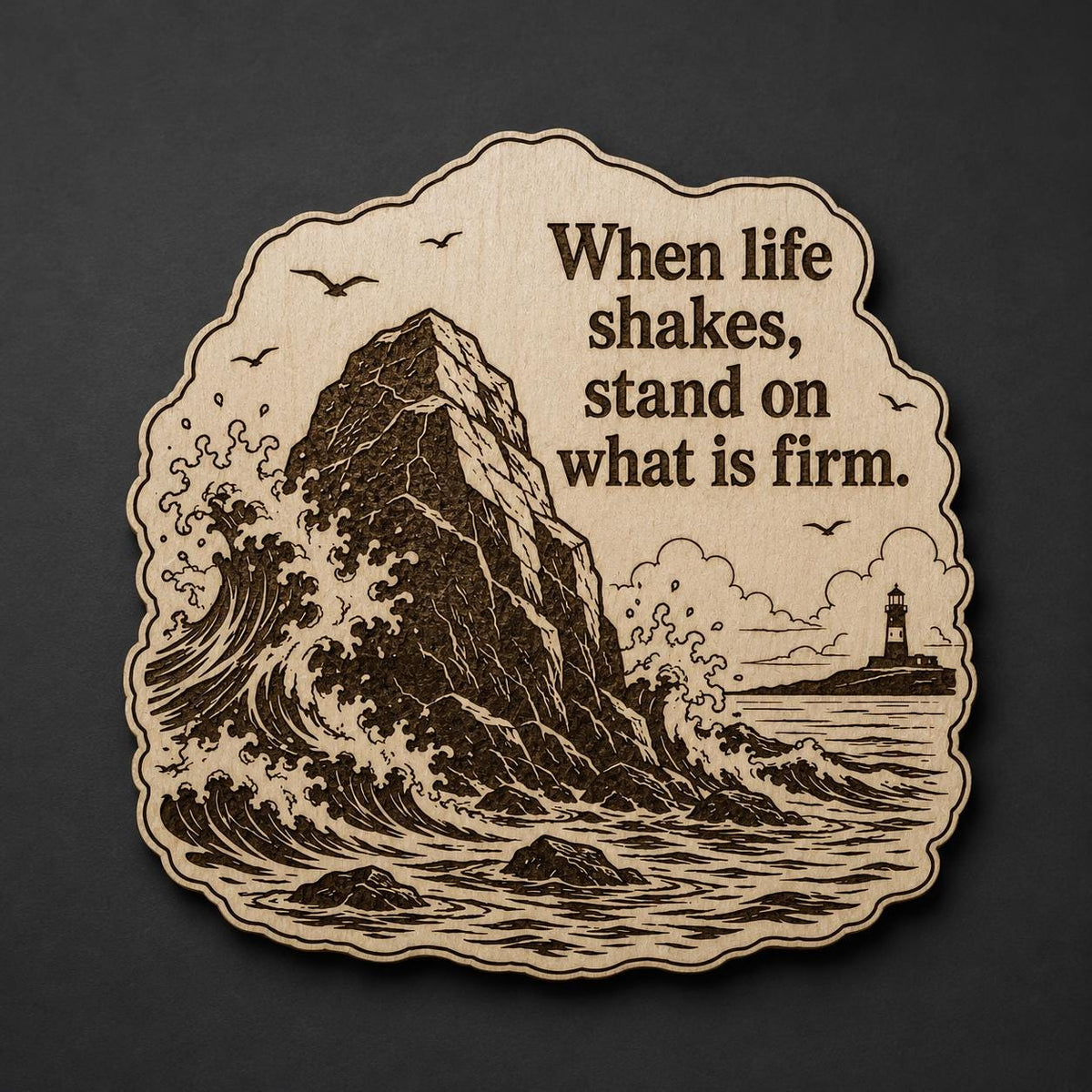 Front close-up of Rock and Waves Wood Plaque Stand Firm Quote Sign Inspirational Birch Wall Art, showing dark engraving on natural birch wood.