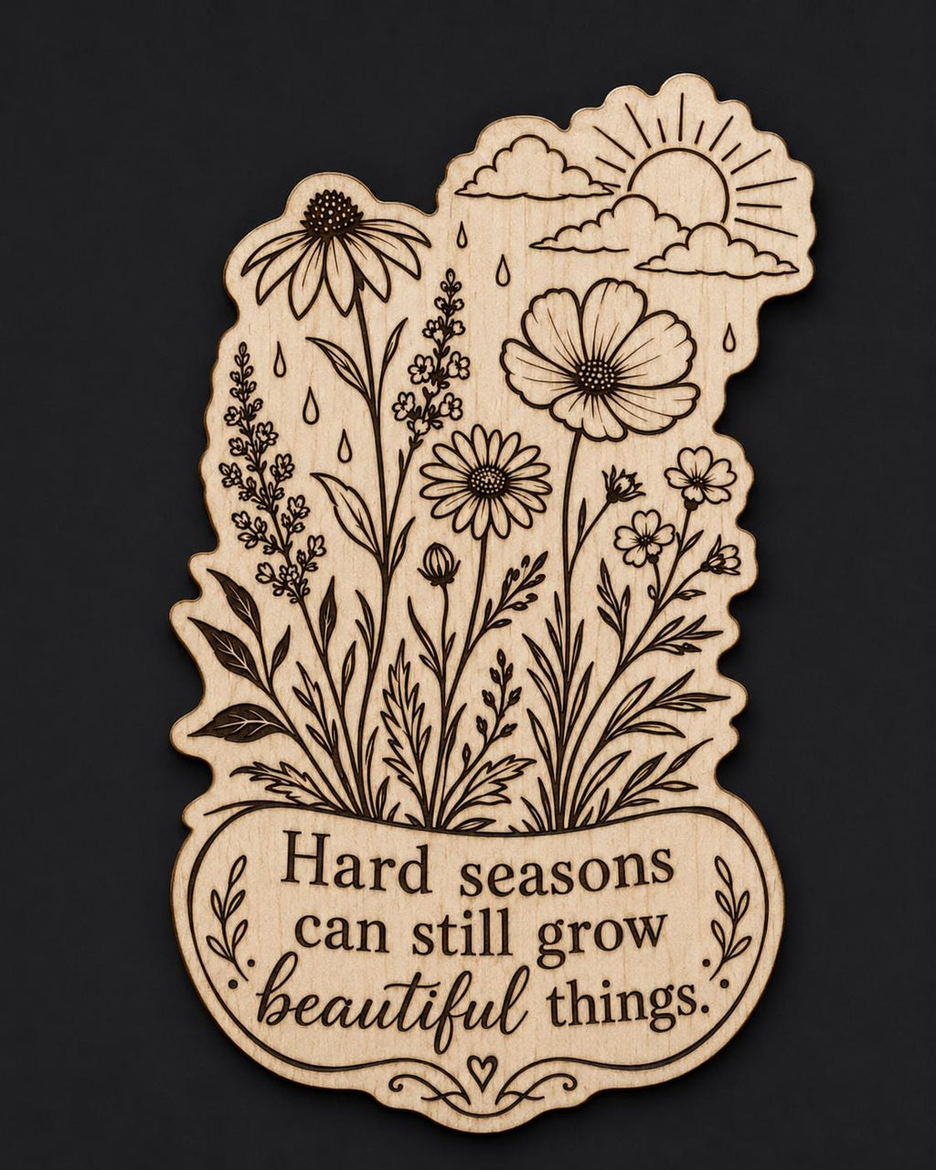 Front close-up of Wildflower Wood Sign Hard Seasons Quote Birch Plaque Inspirational Floral Wall Decor, showing dark engraving on natural birch wood.