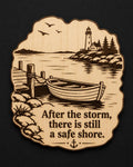 Front close-up of Safe Shore Wood Sign After the Storm Birch Plaque Harbor Boat Wall Decor, showing dark engraving on natural birch wood.