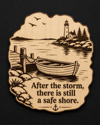 Front close-up of Safe Shore Wood Sign After the Storm Birch Plaque Harbor Boat Wall Decor, showing dark engraving on natural birch wood.