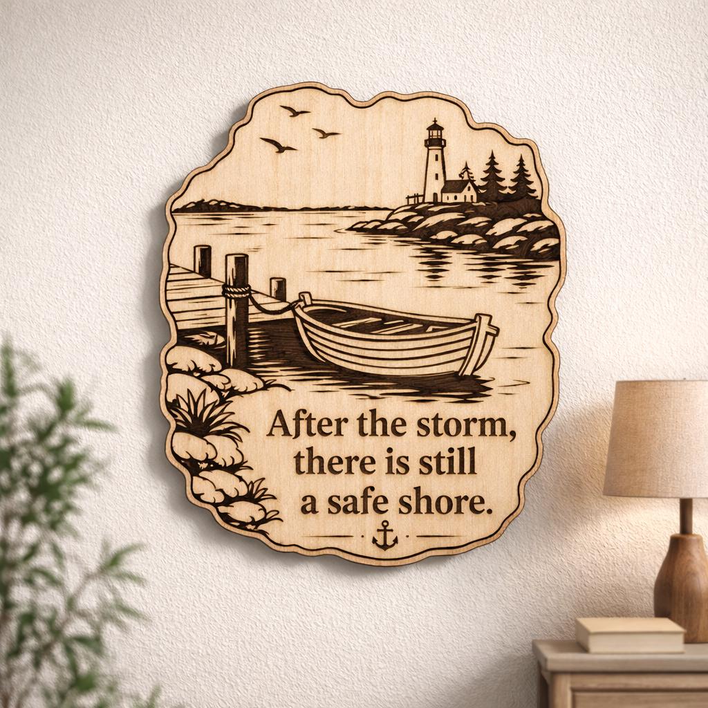 Additional view of Safe Shore Wood Sign After the Storm Birch Plaque Harbor Boat Wall Decor, showing the natural birch grain and engraved artwork.