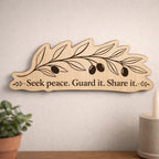 Additional view of Olive Branch Wood Plaque Seek Peace Quote Sign Long Birch Wall Art With Natural Branch, showing the natural birch grain and engraved artwork.