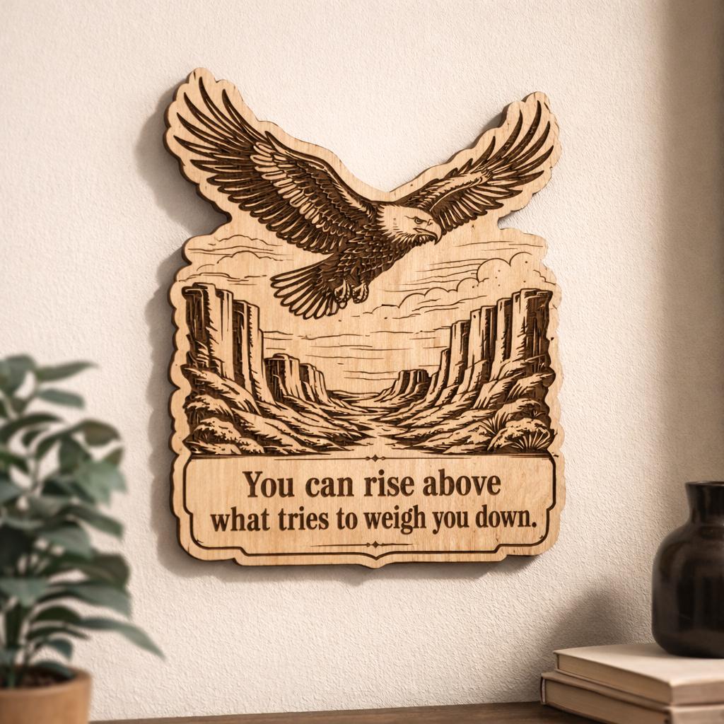 Additional view of Eagle Wood Sign Rise Above Quote Birch Plaque Canyon Wall Decor Inspirational Gift, showing the natural birch grain and engraved artwork.