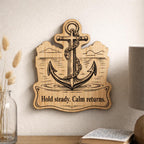 Additional view of Anchor Wood Plaque Hold Steady Quote Sign Nautical Birch Wall Art With Calm Water Scene, showing the natural birch grain and engraved artwork.