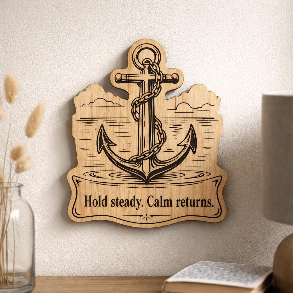 Additional view of Anchor Wood Plaque Hold Steady Quote Sign Nautical Birch Wall Art With Calm Water Scene, showing the natural birch grain and engraved artwork.