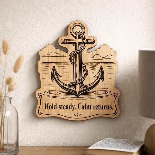 Additional view of Anchor Wood Plaque Hold Steady Quote Sign Nautical Birch Wall Art With Calm Water Scene, showing the natural birch grain and engraved artwork.