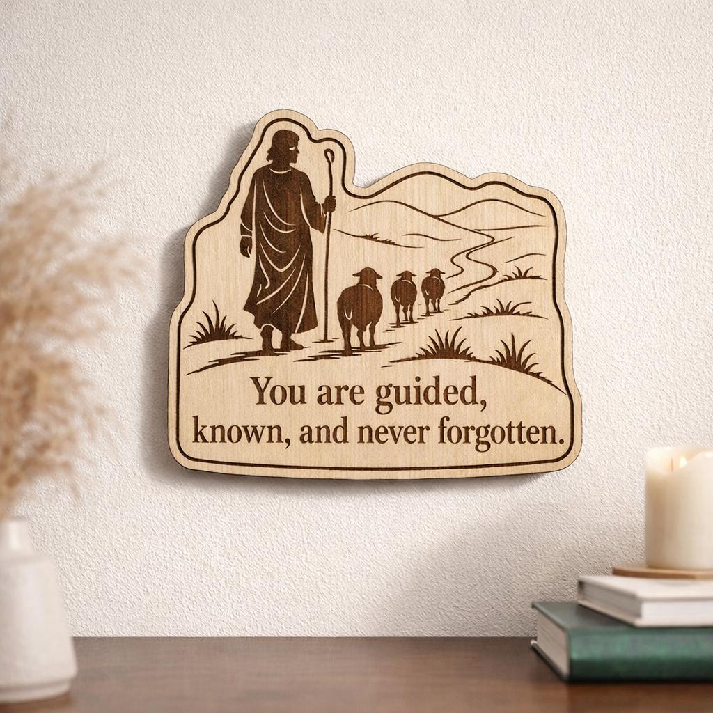 Additional view of Shepherd Wood Plaque Guided and Known Quote Sign Inspirational Birch Wall Art With Sheep, showing the natural birch grain and engraved artwork.
