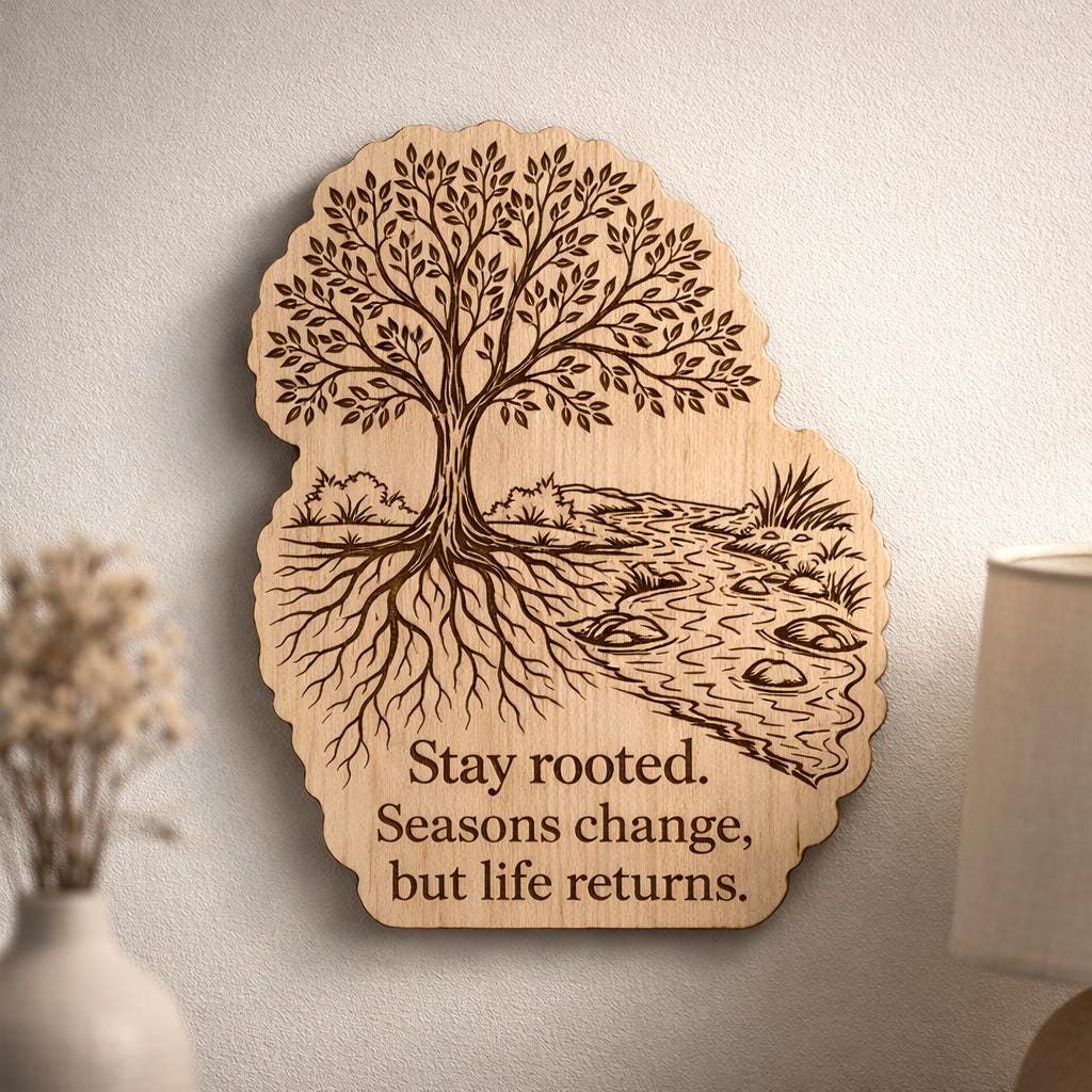 Additional view of Tree Wood Plaque Stay Rooted Quote Sign Inspirational Birch Wall Art With Stream and Roots, showing the natural birch grain and engraved artwork.