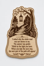 Front close-up of Inspirational Path Lantern Birch Plaque Encouraging Wall Art, showing dark engraving on natural birch wood.