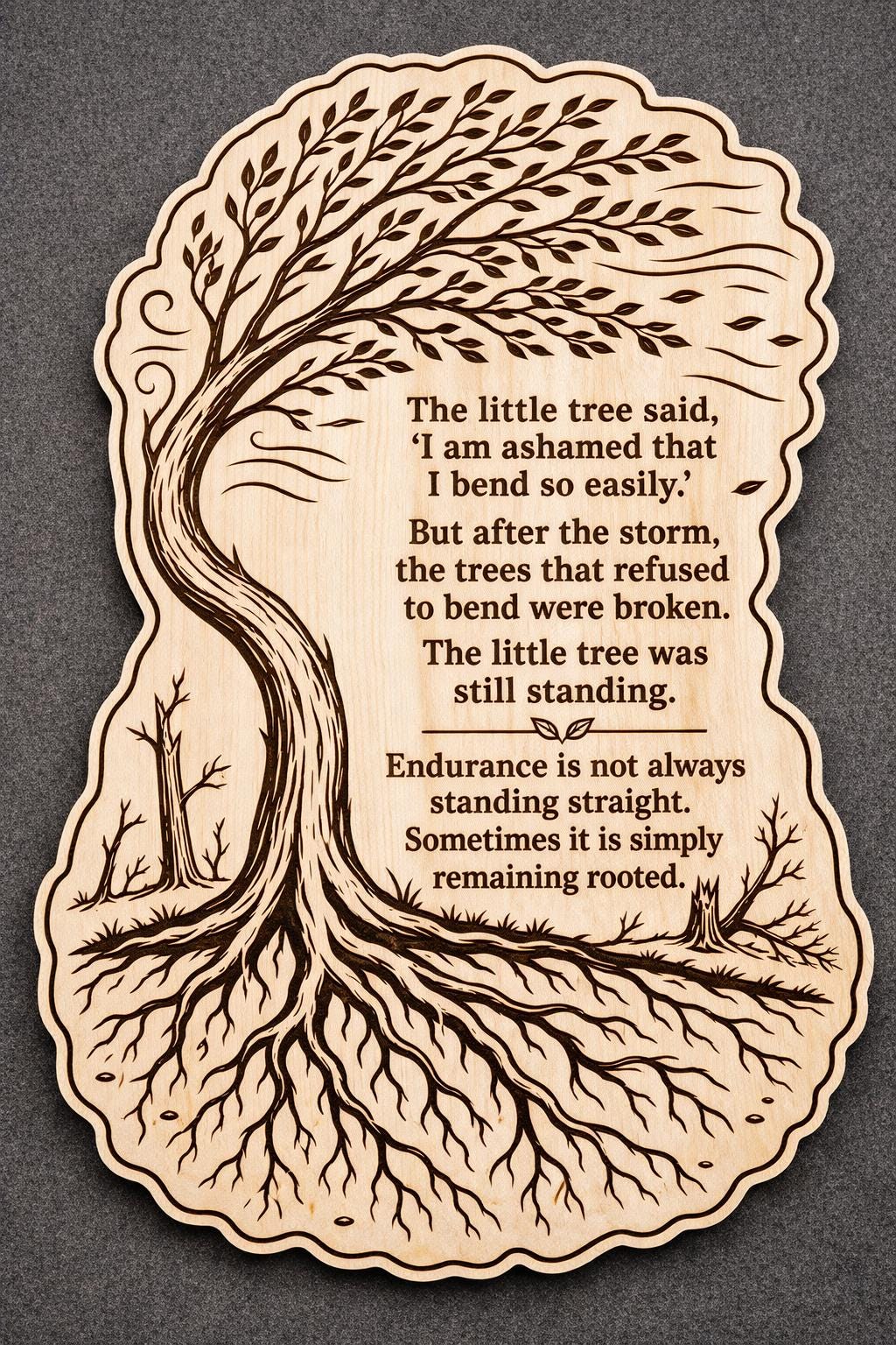 Additional view of Inspirational Bent Tree Birch Plaque Encouraging Wall Art, showing the natural birch grain and engraved artwork.
