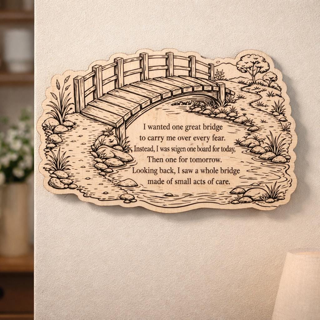 Additional view of Inspirational Bridge Birch Plaque Encouraging Wall Art, showing the natural birch grain and engraved artwork.