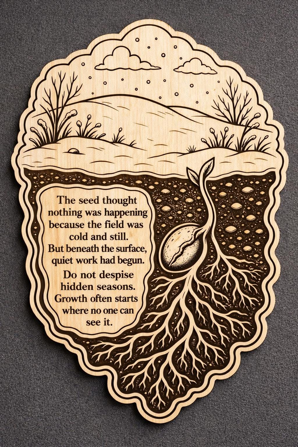 Additional view of Hidden Growth Birch Plaque Inspirational Seed Wall Art, showing the natural birch grain and engraved artwork.
