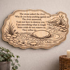 Front close-up of River Stone Birch Plaque Inspirational Refinement Wall Art, showing dark engraving on natural birch wood.