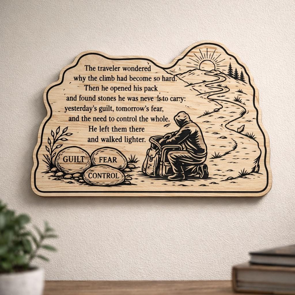 Front close-up of Traveler s Burden Birch Plaque Inspirational Wall Art, showing dark engraving on natural birch wood.