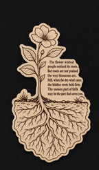 Additional view of Hidden Roots Birch Plaque Inspirational Flower Wall Art, showing the natural birch grain and engraved artwork.