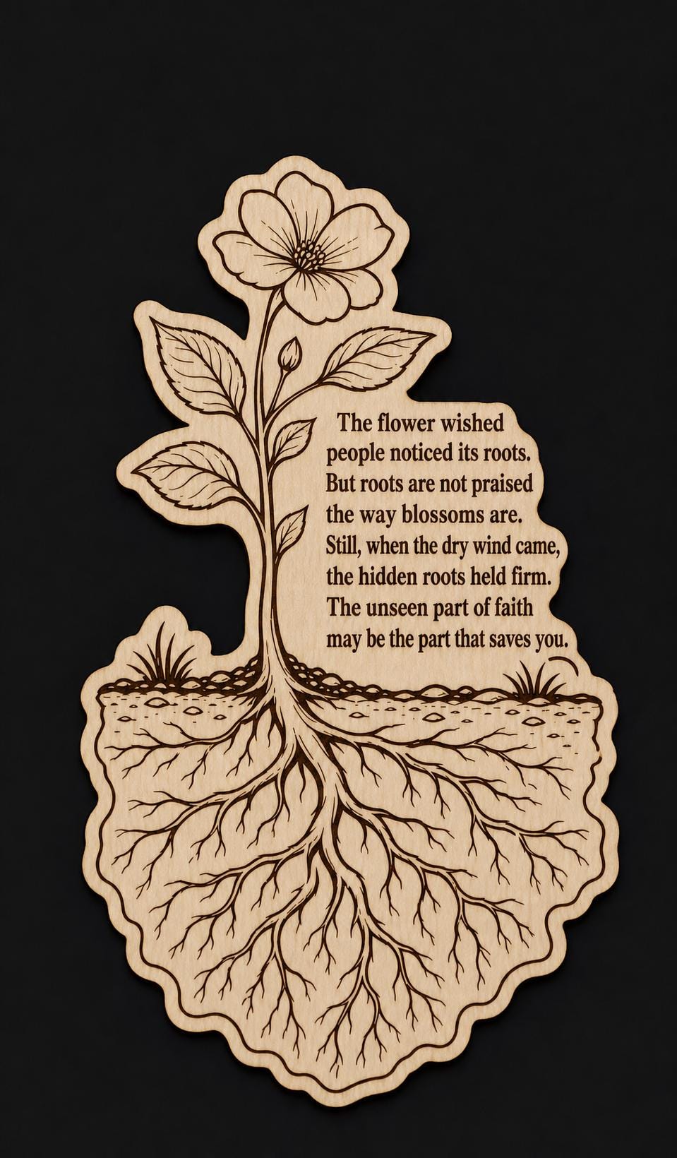 Additional view of Hidden Roots Birch Plaque Inspirational Flower Wall Art, showing the natural birch grain and engraved artwork.