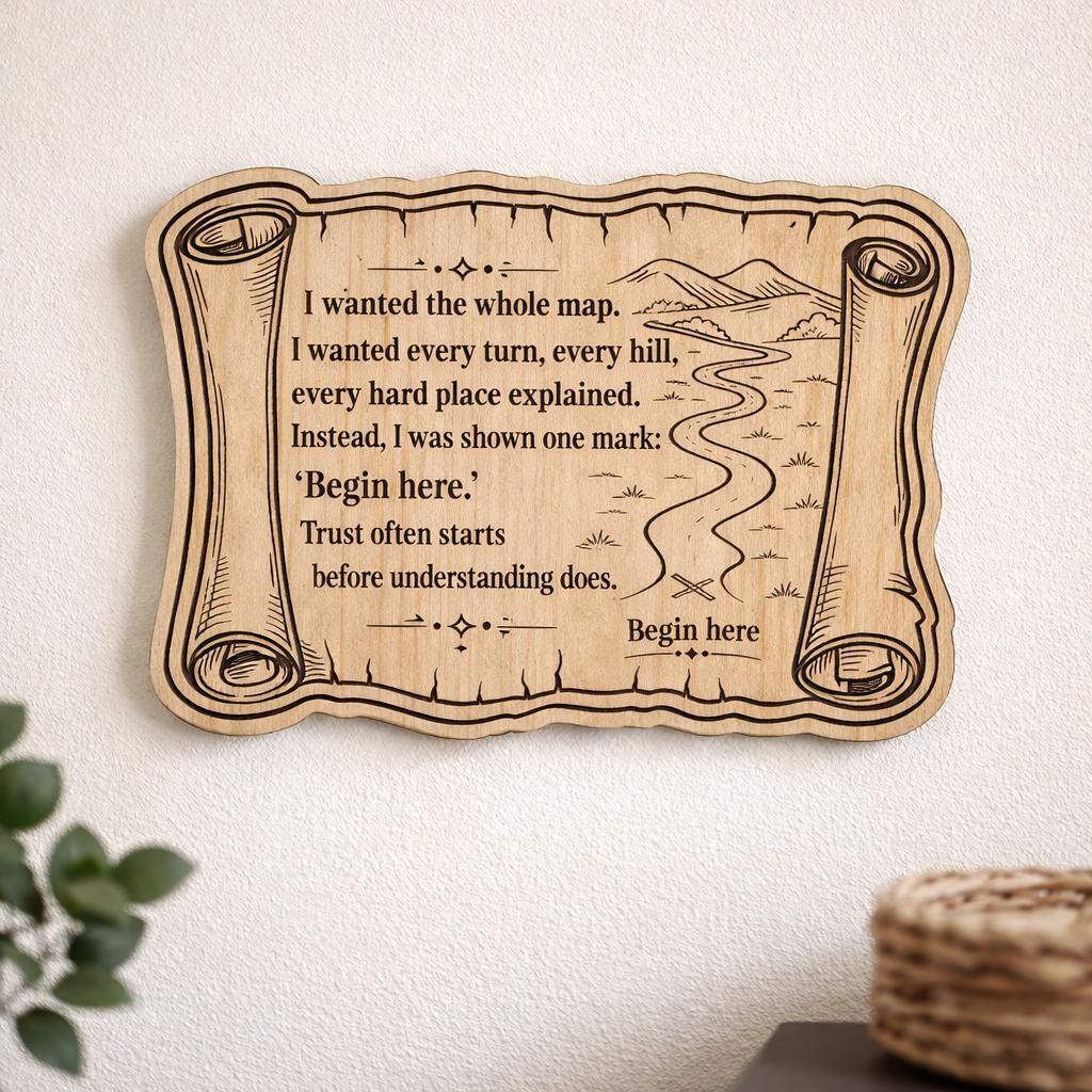 Additional view of Begin Here Birch Plaque Inspirational Map Wall Art, showing the natural birch grain and engraved artwork.