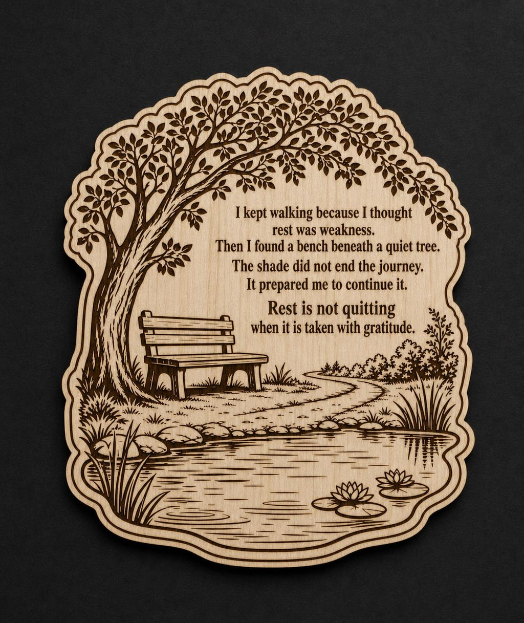 Additional view of Rest Is Not Quitting Birch Plaque Inspirational Wall Art, showing the natural birch grain and engraved artwork.
