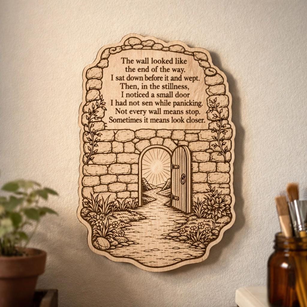 Front close-up of Small Door Birch Plaque Inspirational Wall Art, showing dark engraving on natural birch wood.