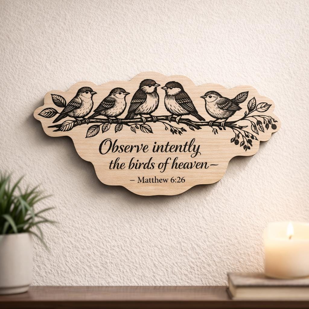 Matthew 6:26 Wood Scripture Plaque, Birds of Heaven Bible Verse Sign, Birch Wall Decor, shown in the main close-up listing view with its overall design visible.