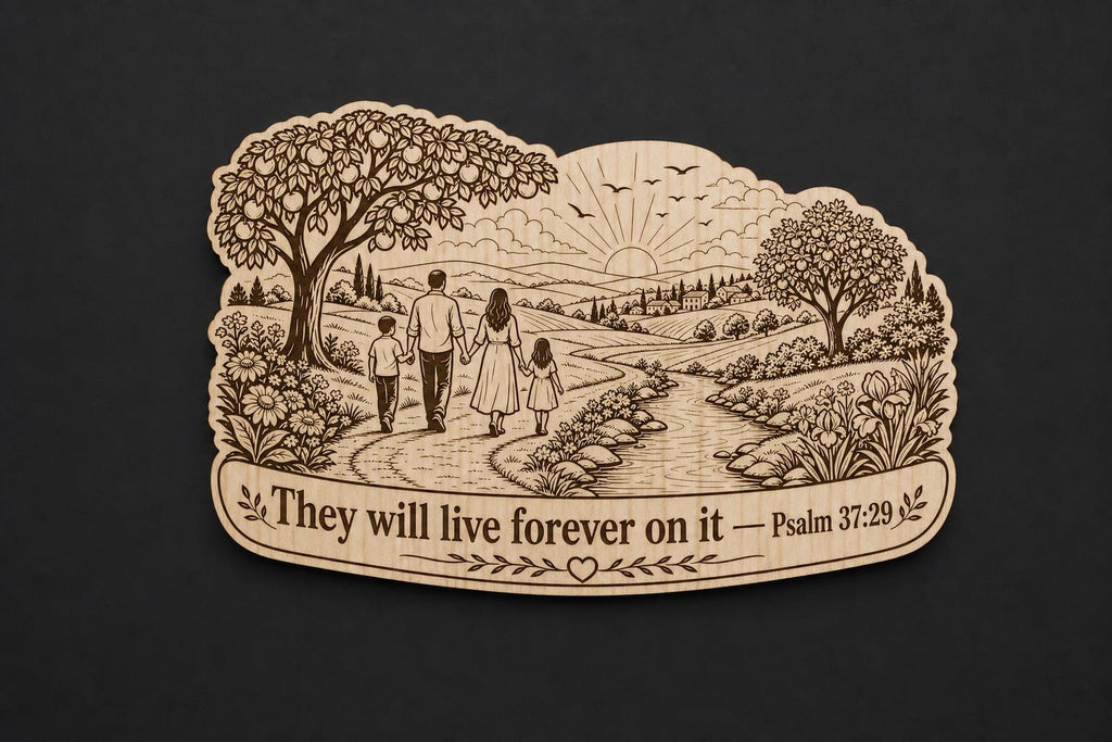 Psalm 37:29 Wood Scripture Plaque, Live Forever Bible Verse Sign, Birch Paradise Wall Decor, shown in an additional close-up listing view with visible shape and details.