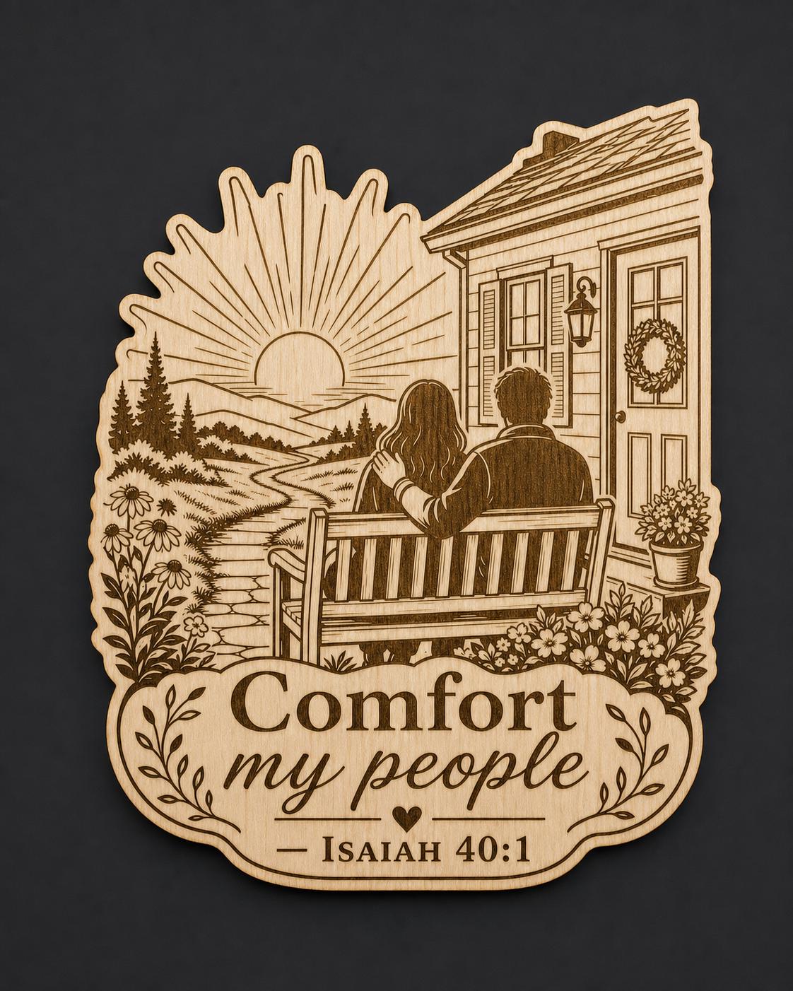 Isaiah 40:1 Wood Scripture Plaque, Comfort My People Bible Verse Sign, Birch Wall Decor, shown in the main close-up listing view with its overall design visible.