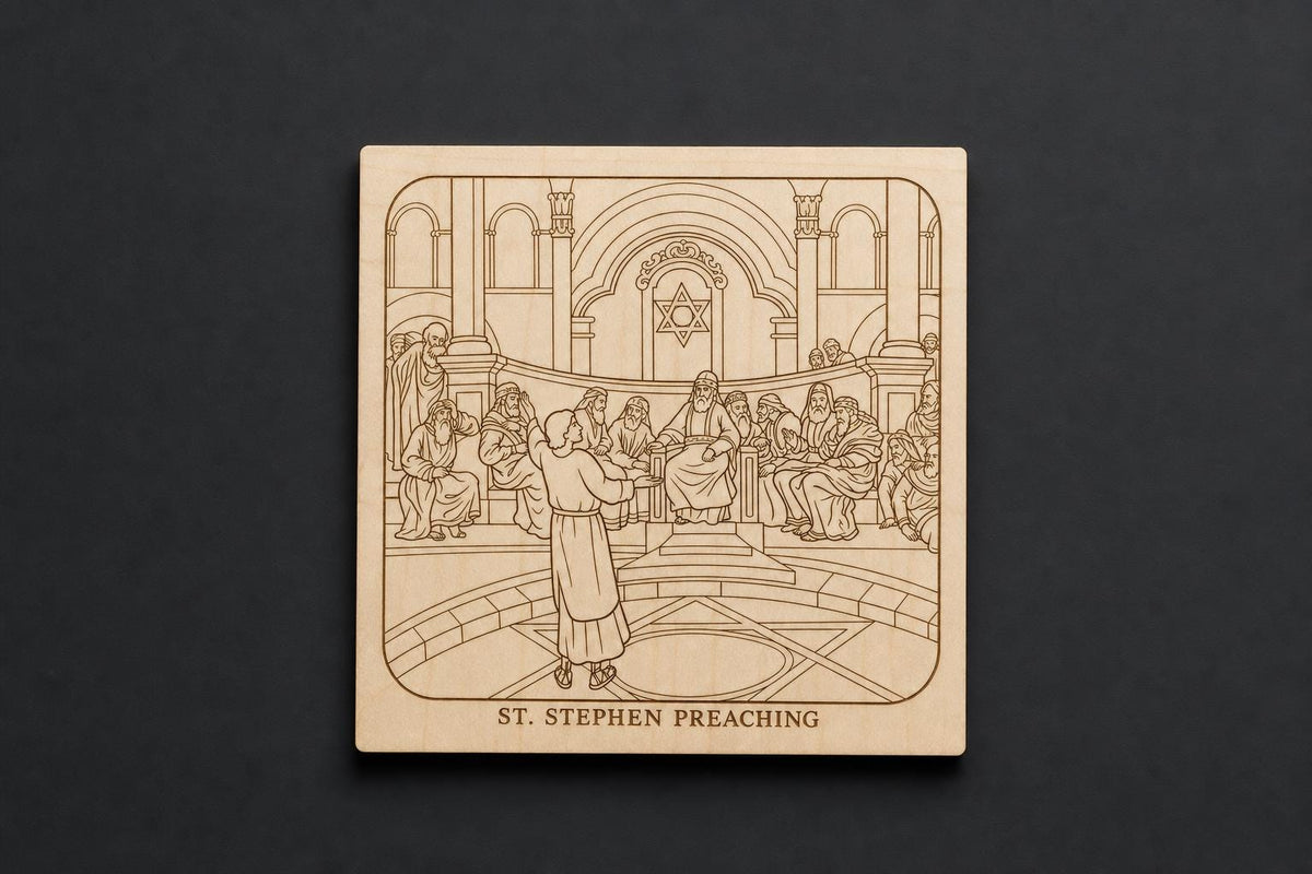 Photo-Drama of Creation Slide – St. Stephen Preaching – Birch Plaque, shown in the main close-up listing view with its overall design visible.