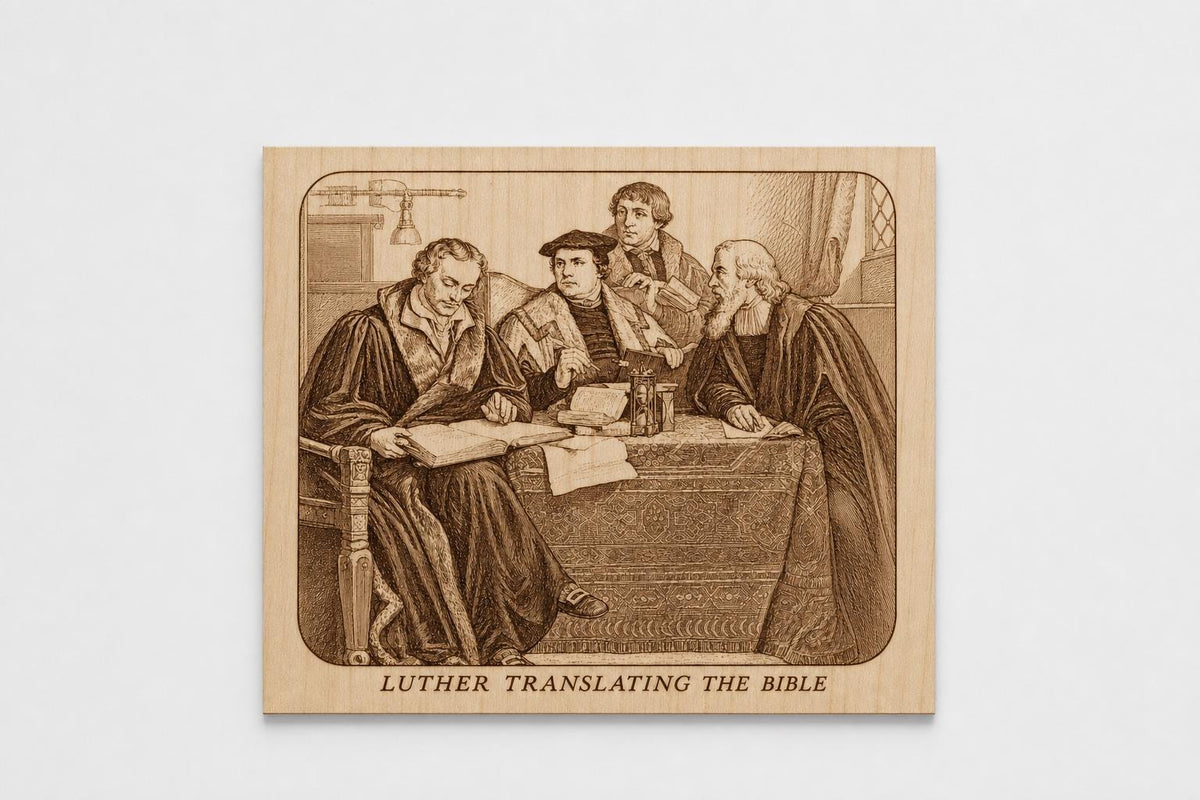 Photo-Drama of Creation Slide – Luther Translating the Bible – Birch Plaque, shown in the main close-up listing view with its overall design visible.