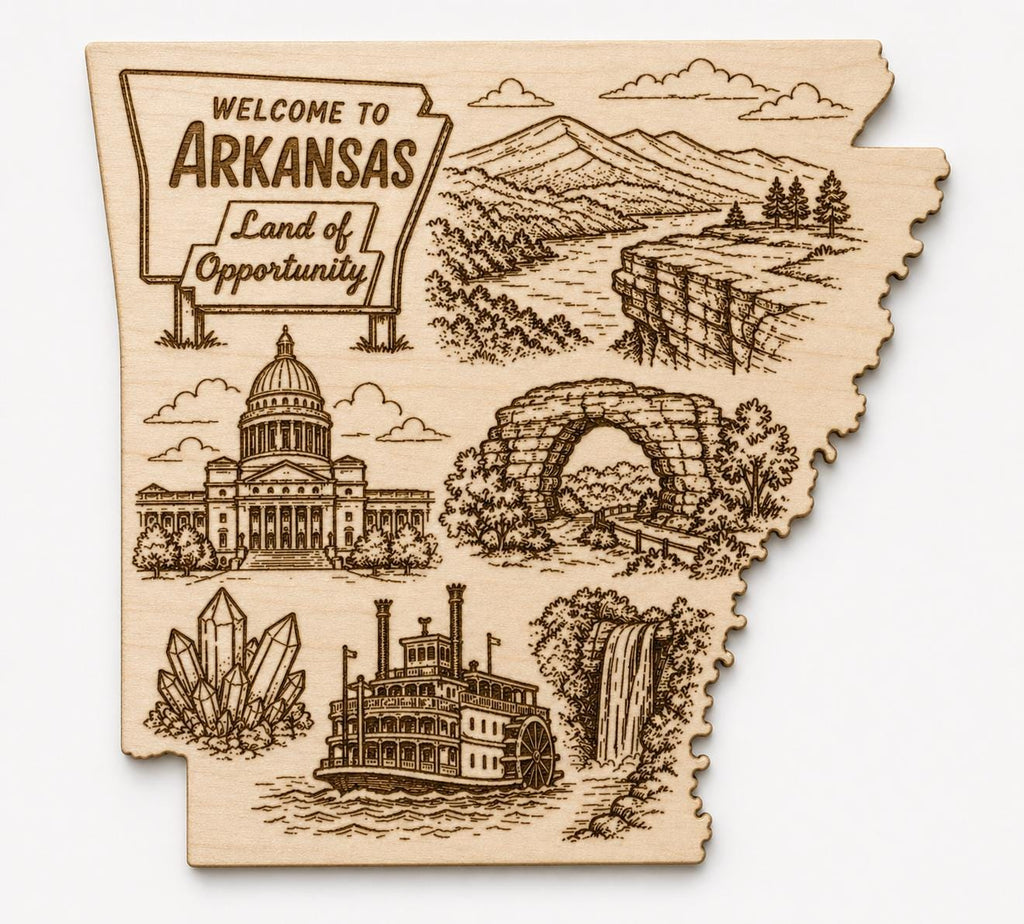Front close-up of Arkansas State Outline Wood Art Engraved Landmark Decor, showing dark engraving on natural birch wood.