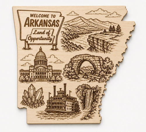 Front close-up of Arkansas State Outline Wood Art Engraved Landmark Decor, showing dark engraving on natural birch wood.