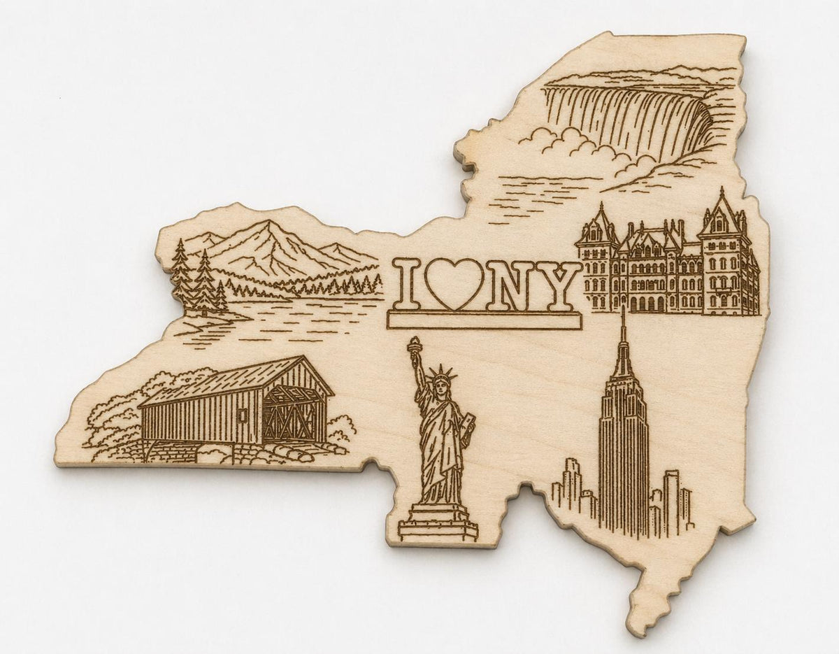 Front close-up of New York State Wood Wall Art Engraved Landmarks NYC Skyline Niagara 6-24 Inch, showing dark engraving on natural birch wood.