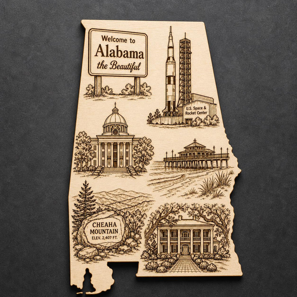 Front close-up of Engraved Birch Alabama State Wall Art Landmark Decor Sign multiple sizes, showing dark engraving on natural birch wood.