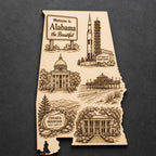 Front close-up of Engraved Birch Alabama State Wall Art Landmark Decor Sign multiple sizes, showing dark engraving on natural birch wood.
