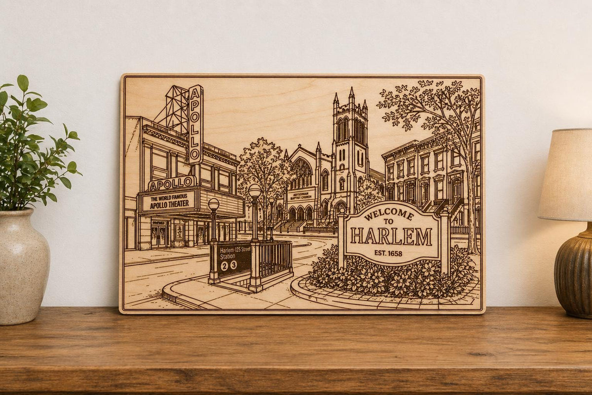 Front close-up of Harlem Street Scene Engraved Wooden Wall Art Apollo Theater NYC Decor Plaque, showing dark engraving on natural birch wood.
