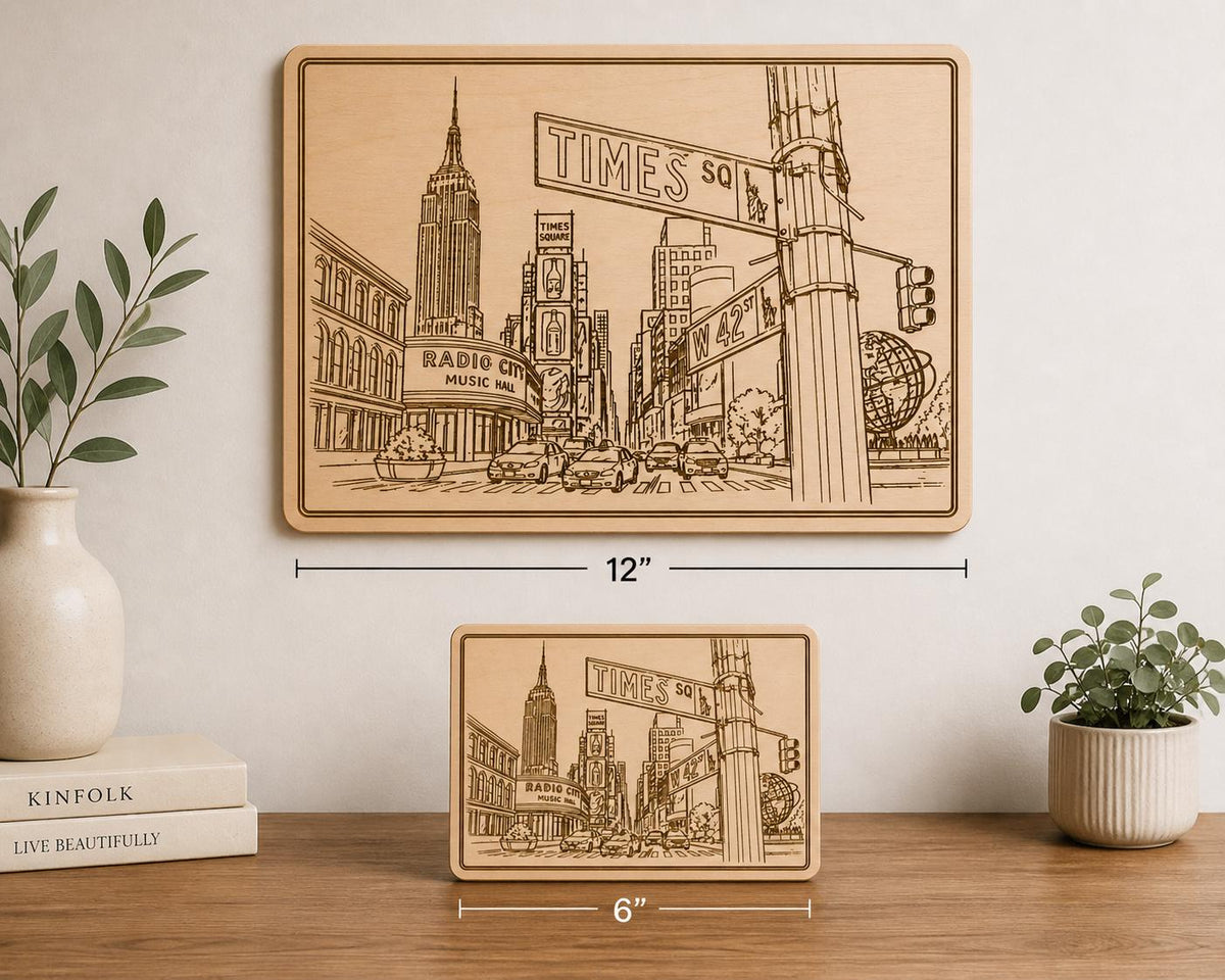 Additional view of Engraved Birch Manhattan NYC City Scenes Famous Manhattan Hidden Gems Wall Art, showing the natural birch grain and engraved artwork.