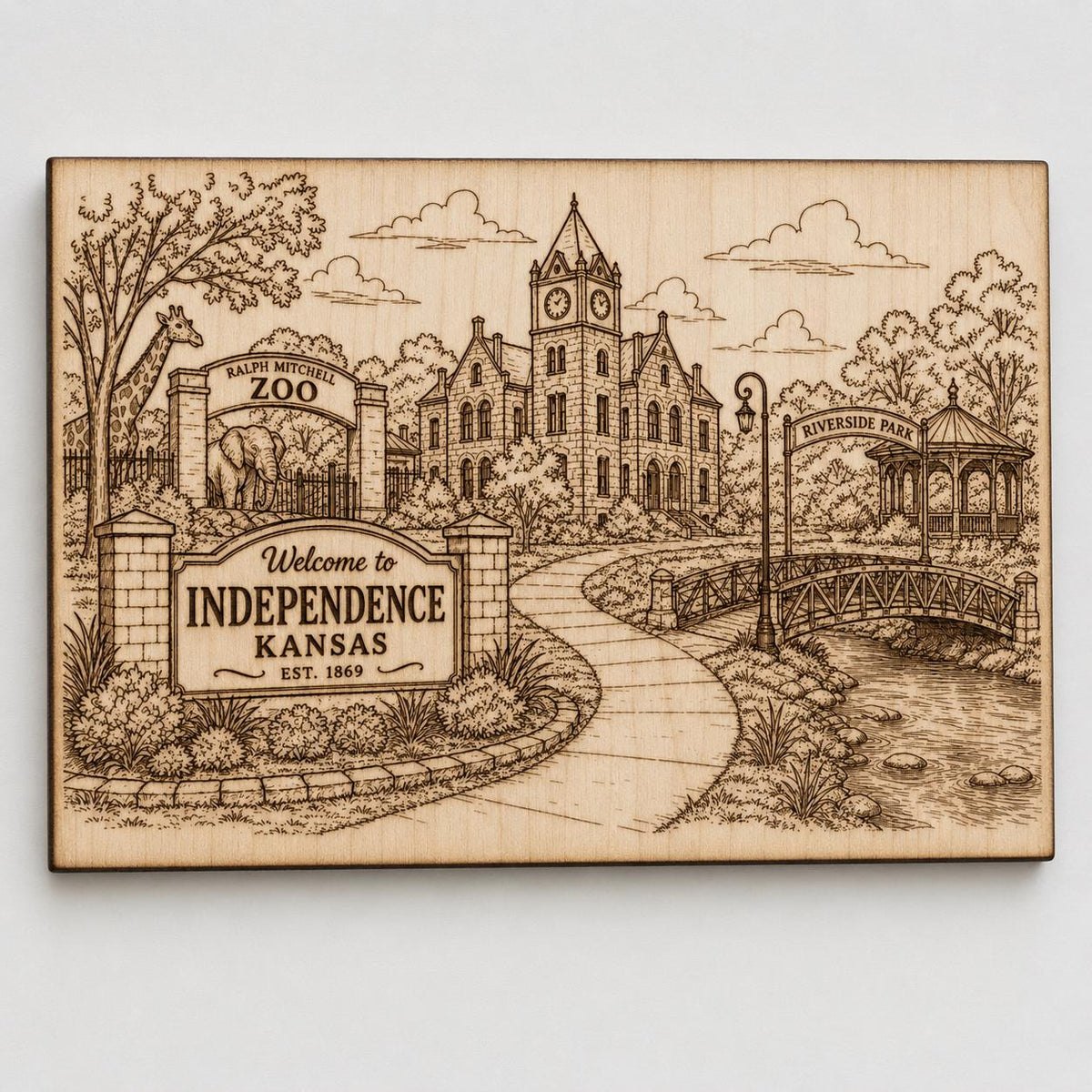 Front close-up of Independence Kansas Engraved Birch Wood Sign Riverside Park Zoo Landmark Wall Art, showing dark engraving on natural birch wood.